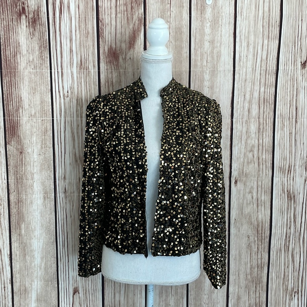 Vintage Glamorous Open Front Black Jacket w/Gold Sequins and Thread Accents
